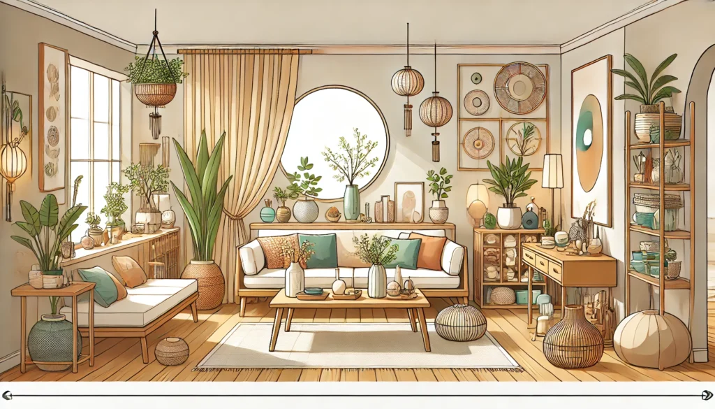 Ambiente harmonizado seguindo princípios do Feng Shui, com móveis bem posicionados, cores equilibradas e plantas, mostrando como corrigir áreas faltantes no Feng Shui.