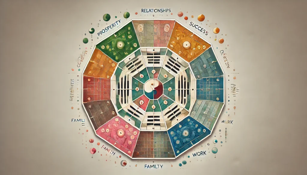 Feng Shui para sala: ilustração do mapa Bagua, destacando as nove áreas da vida e seus elementos associados.