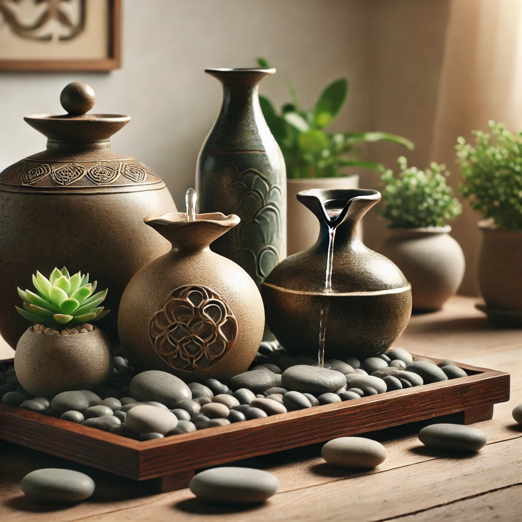 Fonte de água decorativa com vasos, plantas e pedras, em um ambiente iluminado e harmonioso inspirado no Feng Shui.