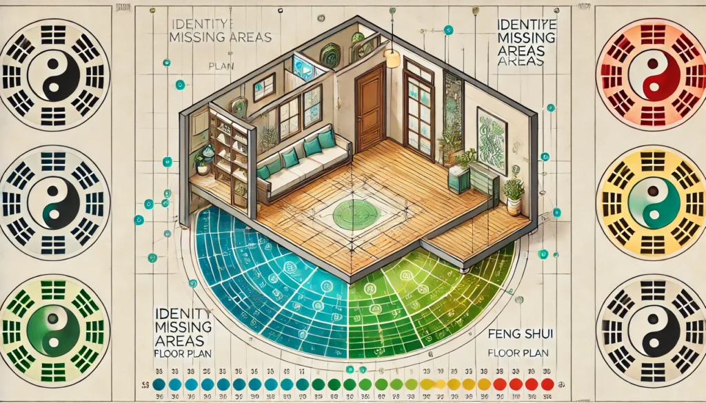 Imagem criada, ilustrando um processo detalhado de como identificar áreas faltantes no Feng Shui utilizando o mapa Bagua sobreposto a uma planta baixa.