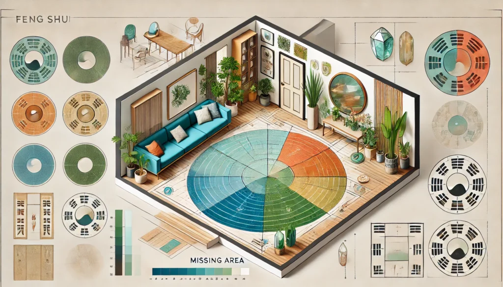 Imagem criada, representando como aplicar o Feng Shui em uma área faltante, destacando sugestões como espelhos, plantas e cristais para harmonizar o espaço.