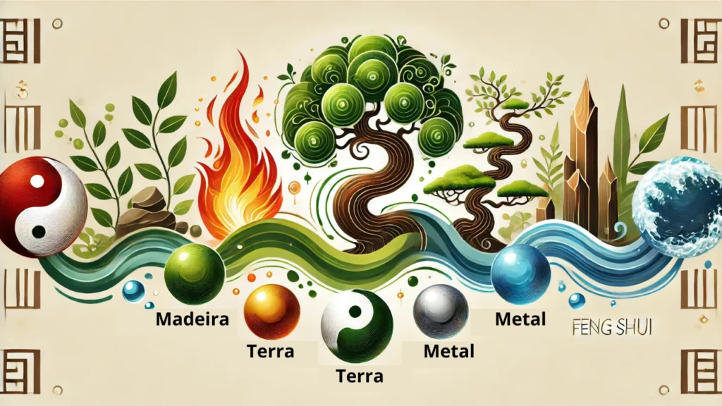 Ilustração representando como identificar os 5 elementos no Baguá do Feng Shui: uma árvore vibrante simbolizando madeira, uma chama brilhante representando fogo, pedras terrosas para o elemento terra, esferas metálicas para o elemento metal e um fluxo de água cristalina para o elemento água, criando um equilíbrio visual harmonioso.