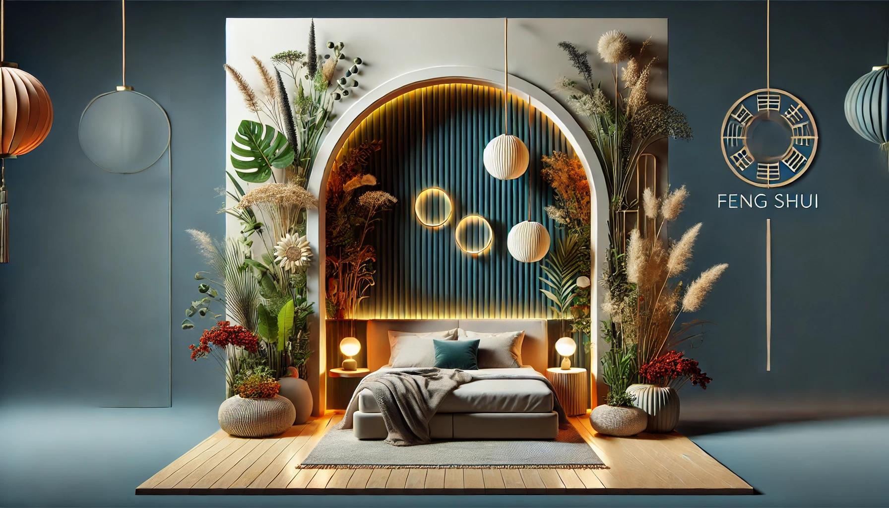 Quarto harmonioso com a posição da cama no Feng Shui, mostrando a cabeceira encostada em uma parede sólida, espaço livre nos dois lados, decoração minimalista e elementos naturais para equilíbrio energético.