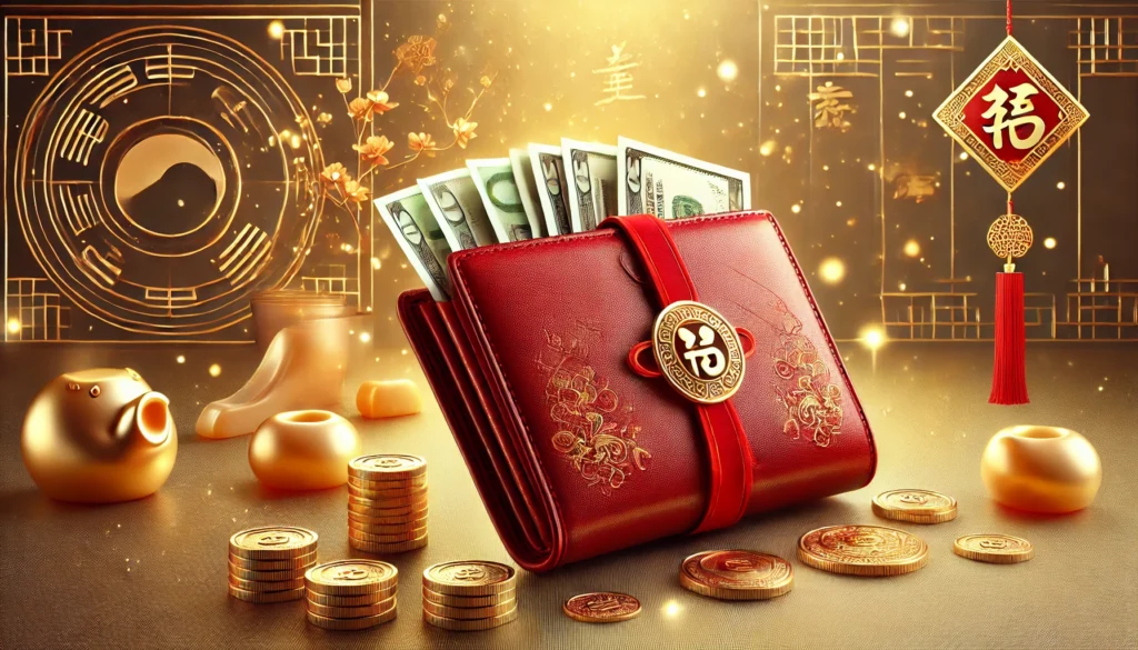  Imagem chamativa de uma Carteira Vermelha no Feng Shui, aberta sobre uma superfície elegante, exibindo dinheiro, moedas douradas e um amuleto da sorte, simbolizando prosperidade e energia financeira positiva.