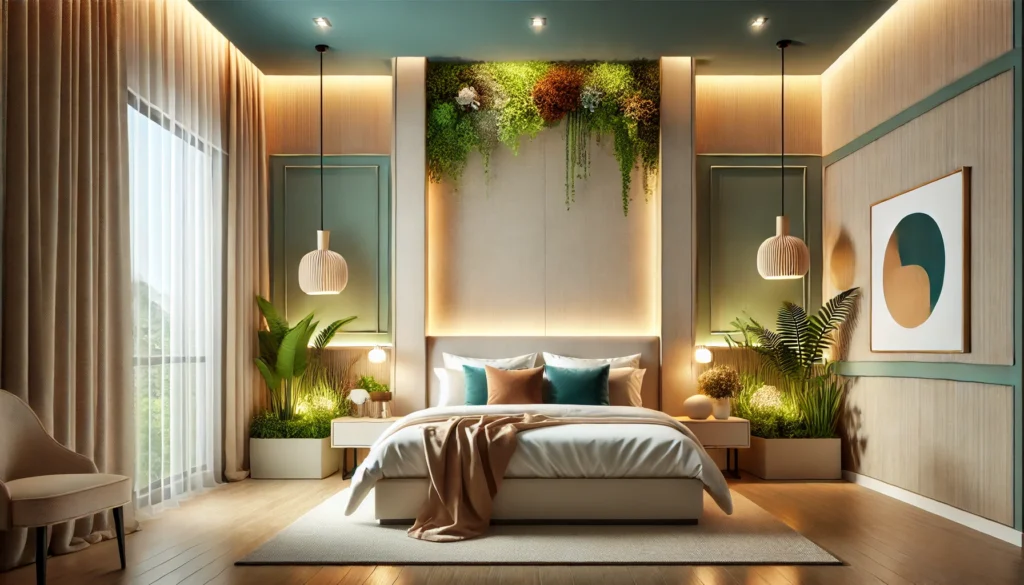 Quarto elegante com a posição da cama no Feng Shui, onde a cabeceira está encostada em uma parede sólida, os dois lados têm espaço livre, e o ambiente inclui decoração minimalista e elementos equilibrados para promover harmonia e energia positiva.