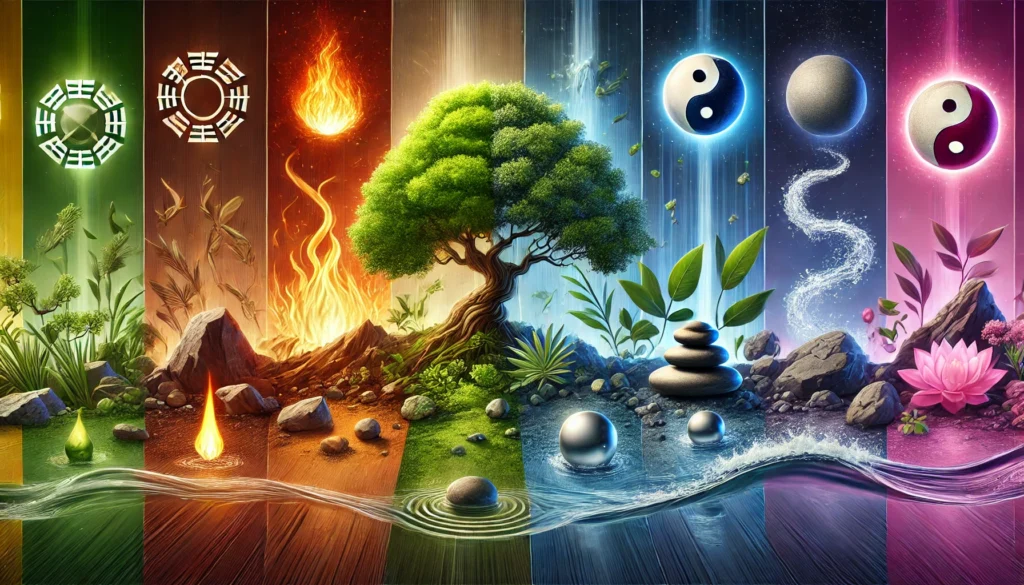 Ilustração horizontal representando como identificar os 5 elementos no Baguá do Feng Shui: uma árvore simbolizando madeira, uma chama representando fogo, pedras para o elemento terra, objetos metálicos para metal e um fluxo de água cristalina para o elemento água, transmitindo equilíbrio e harmonia energética.