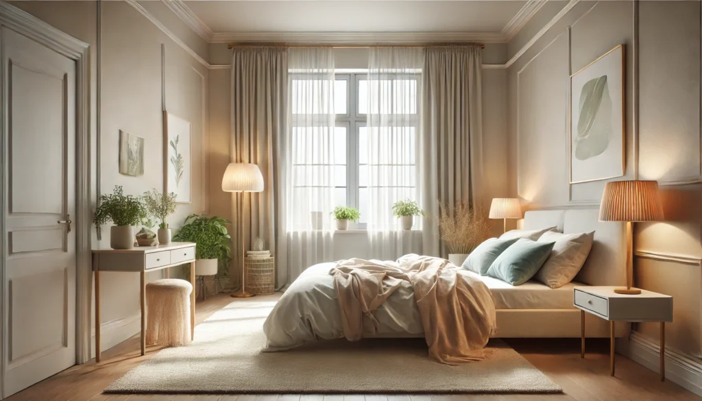 Um quarto aconchegante com decoração natural, cama com roupas de cama em tons pastel, mesa de cabeceira com uma planta e livro, e janelas grandes com cortinas leves que deixam entrar luz natural. O ambiente é harmonioso, com paredes em tons neutros e um tapete macio, refletindo os princípios do Feng Shui para equilíbrio e serenidade.