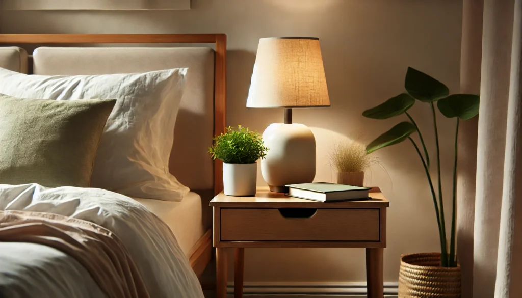Uma mesa de cabeceira minimalista em um quarto aconchegante, decorada com um vaso de planta pequena, um livro organizado e uma luminária emitindo uma luz suave. O ambiente reflete harmonia e equilíbrio, com tons neutros nas paredes e uma cama com lençóis brancos e manta pastel ao fundo, seguindo os princípios do Feng Shui para criar uma atmosfera de paz e serenidade.