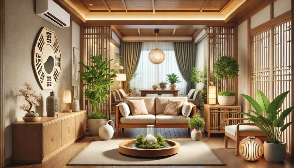Prosperidade começa com um ambiente harmonioso: uma sala de estar equilibrada com plantas, água, madeira e iluminação suave.