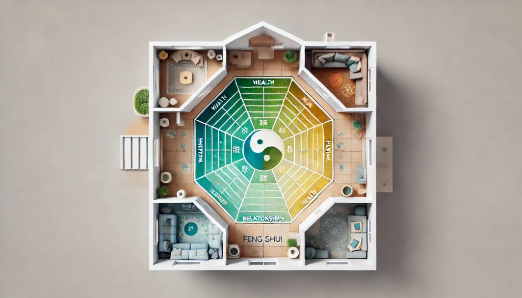 Vista superior de uma planta baixa de casa com o mapa do Baguá do Feng Shui sobreposto, destacando áreas como prosperidade, relacionamentos e saúde, representadas em cores suaves e harmoniosas.