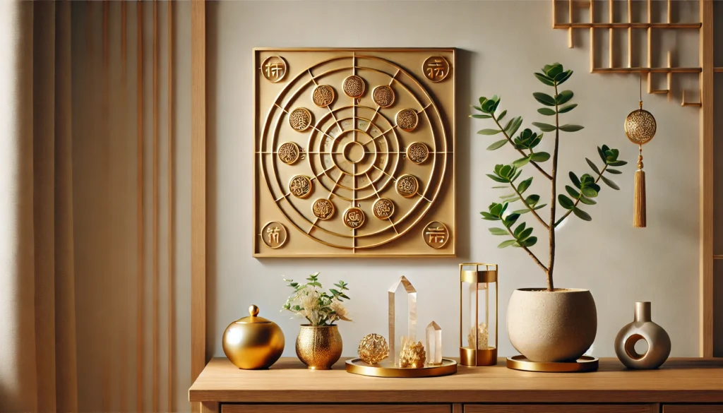 Vista detalhada de um canto decorativo representando o setor de prosperidade do Baguá no Feng Shui, com objetos dourados, uma planta em vaso e uma figura de cristal, simbolizando abundância e equilíbrio.