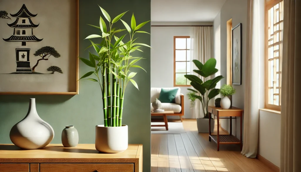 Interior harmonioso com um bambu da sorte em vaso de cerâmica sobre uma mesa de madeira próxima à entrada, iluminado por luz natural, simbolizando prosperidade segundo o Feng Shui.