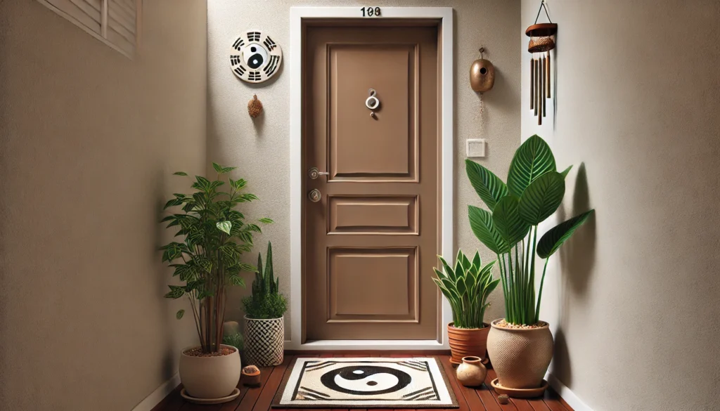 Entrada de um apartamento harmonizado com Feng Shui, mostrando como proteger sua casa pela porta de entrada com plantas locais, uma porta de madeira neutra e elementos decorativos simples.