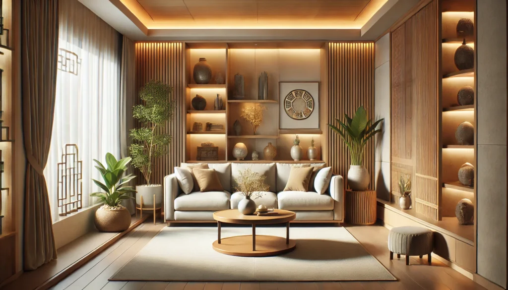 Feng Shui para sala: disposição ideal dos móveis com o sofá encostado na parede, permitindo um fluxo de energia harmonioso.