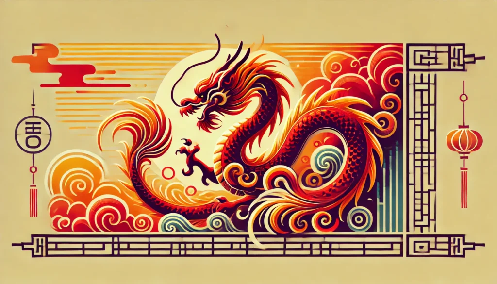 Ilustração estilizada de um dragão em cores vibrantes, como vermelho, laranja e dourado, simbolizando força e vitalidade, alinhada às previsões do Feng Shui para 2025.