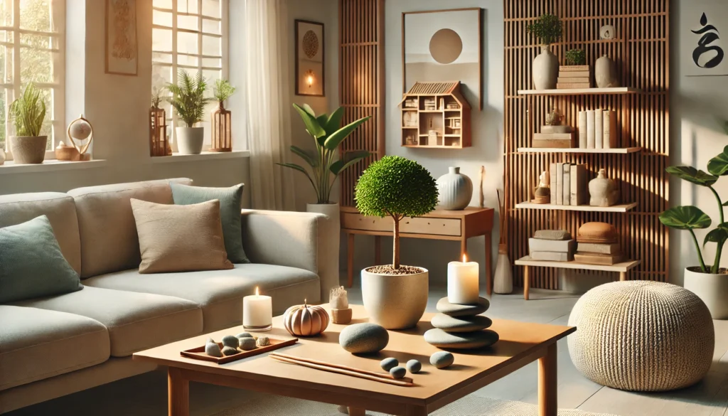 Espaço de convivência tranquilo e organizado, apresentando elementos de Feng Shui como uma planta em vaso, uma vela acesa e objetos decorativos, mostrando como potencializar a energia dos objetos no dia a dia.