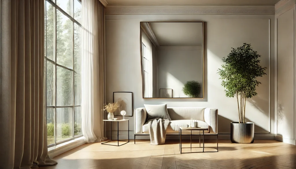 Interior moderno com um espelho estrategicamente posicionado em uma parede, refletindo a luz natural de uma grande janela e ampliando a energia positiva no ambiente, em harmonia com os princípios do Feng Shui.