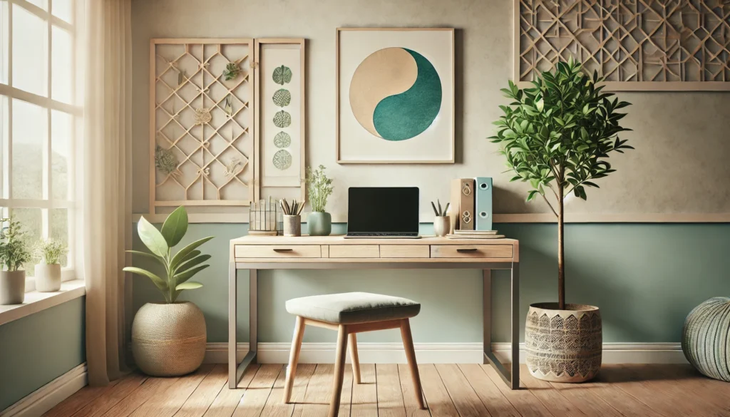 Espaço de trabalho harmonioso e equilibrado inspirado nos princípios do Feng Shui, com uma mesa de madeira clara, uma planta em vaso pequeno, e toques de azul e verde para estimular a criatividade e o foco. Ideal para produtividade e serenidade, com luz natural fluindo pela janela.