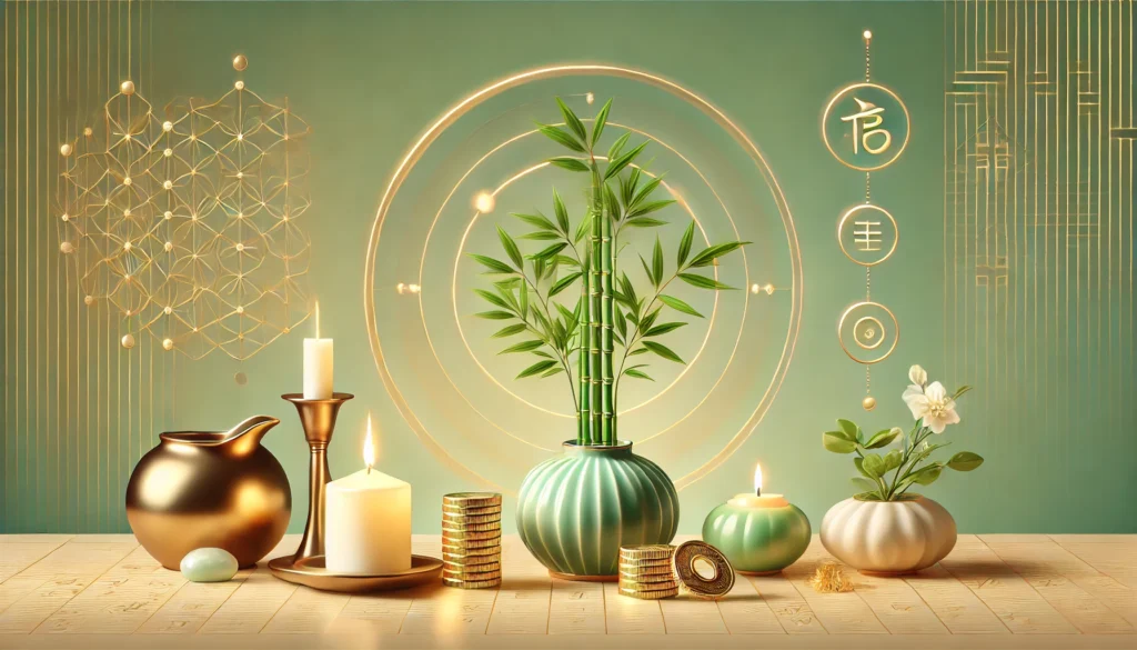 Ilustração com elementos do Feng Shui, incluindo uma vela acesa, um bambu da sorte em vaso elegante e moedas, em um ambiente harmonioso com tons de verde e dourado.