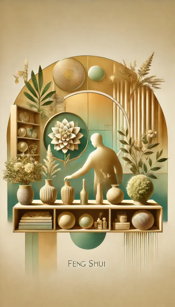 Ambiente harmonioso com objetos organizados, iluminação suave e uma pessoa posicionando itens cuidadosamente, representando a conexão entre Feng Shui e emoções.