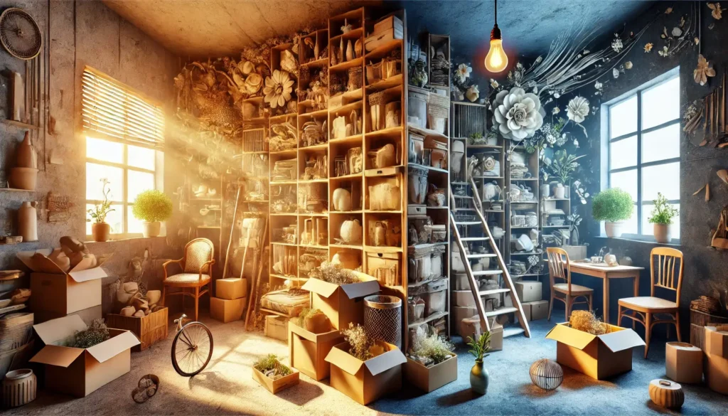 Imagem representando o impacto dos objetos esquecidos na energia da casa. De um lado, um espaço bagunçado e cheio de caixas empoeiradas, e do outro, um ambiente organizado, iluminado e harmonioso.