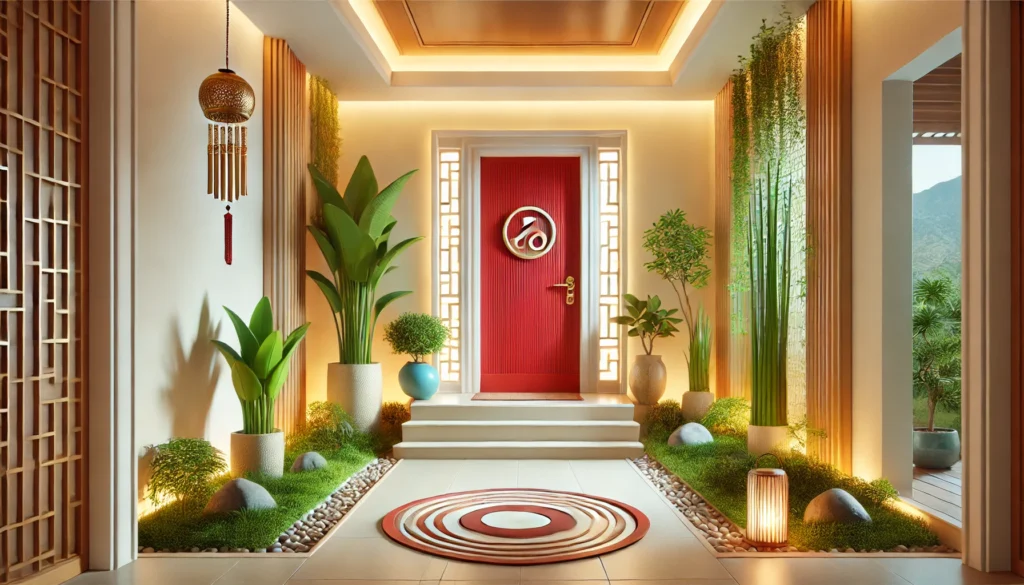 Como proteger sua casa pela porta de entrada com Feng Shui, destacando uma porta vibrante, plantas saudáveis e elementos harmonizadores que promovem prosperidade.