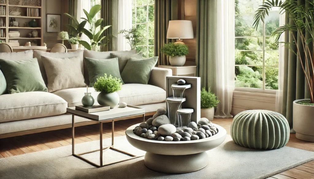 Sala de estar serena com uma fonte de água decorativa, objetos sobre uma mesa lateral, cercada por pedras naturais e plantas, representando prosperidade e harmonia no Feng Shui.
