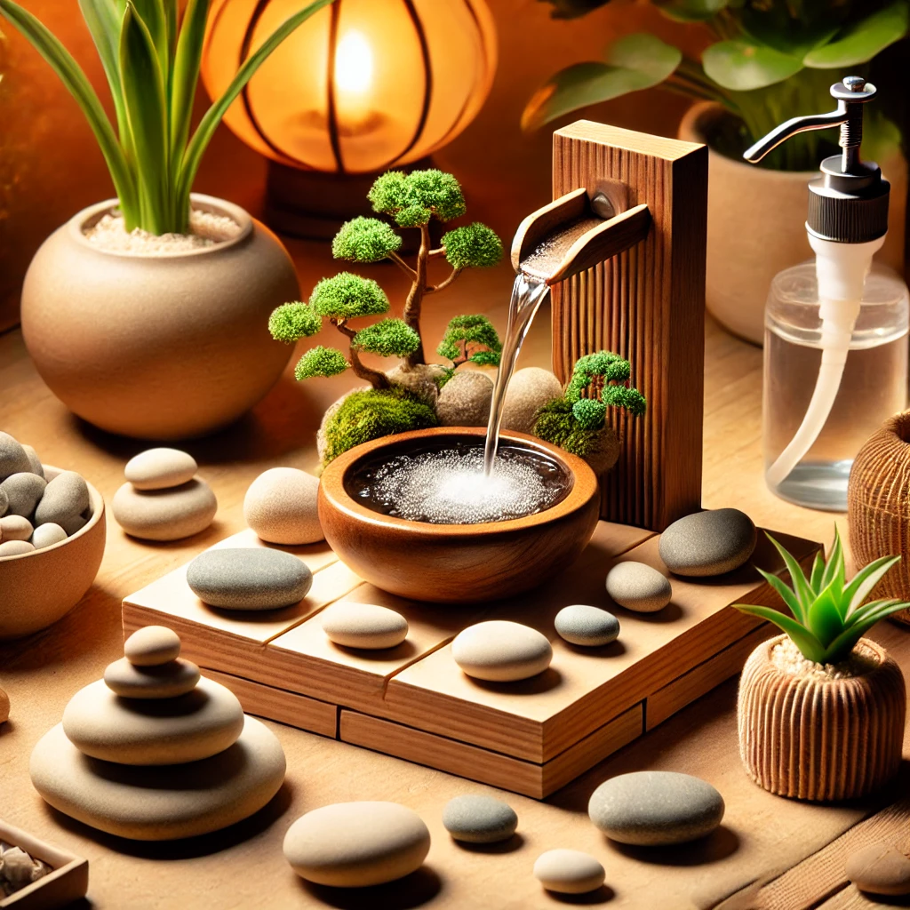 Fonte de água Feng Shui com vasos, pedras e plantas, promovendo equilíbrio e energia positiva no ambiente.
