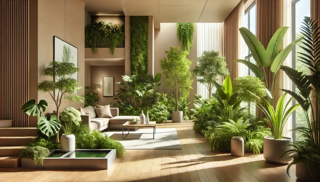 Ambiente interno sereno decorado com plantas saudáveis, objetos,iluminação natural suave e uma pequena fonte de água, criando equilíbrio e tranquilidade.