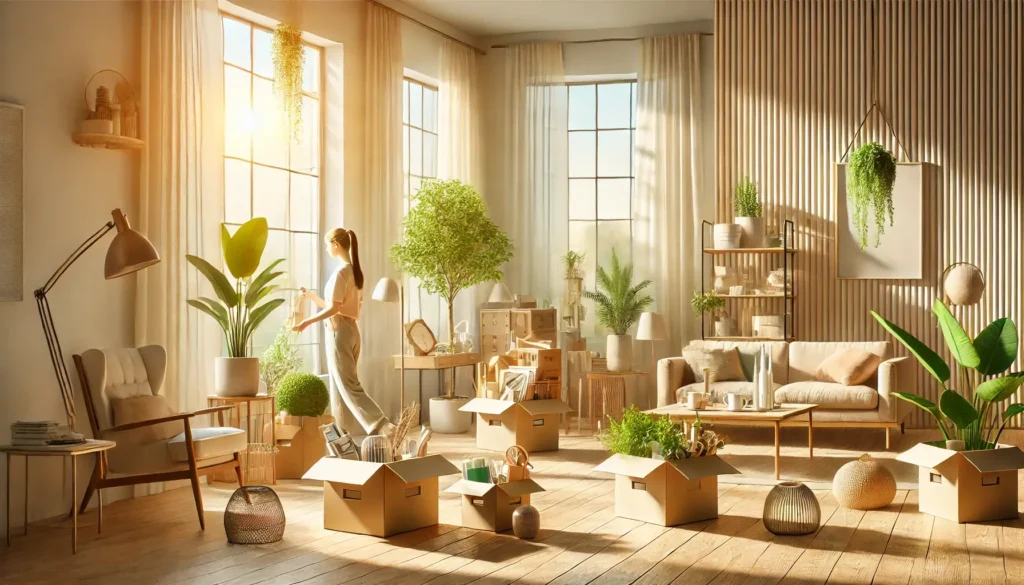 Ambiente interno bem iluminado com uma pessoa organizando e desapegando de objetos antigos, simbolizando renovação de energia e novas oportunidades no Feng Shui.