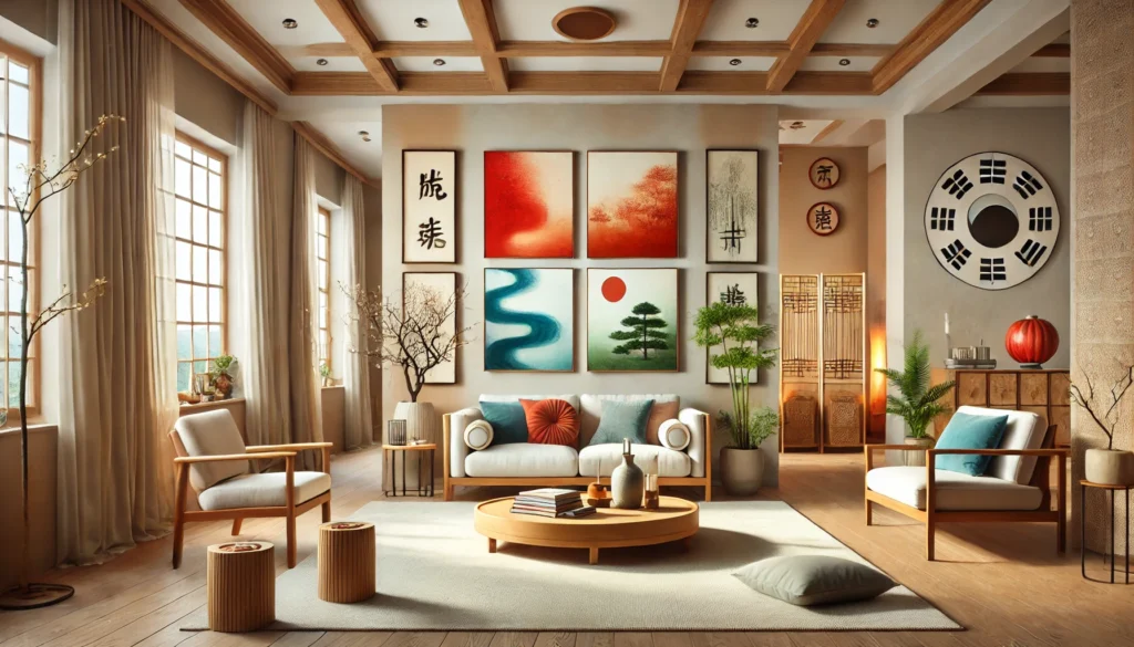 Feng Shui para sala: paleta de cores harmoniosa com tons neutros e elementos vibrantes para equilíbrio energético.