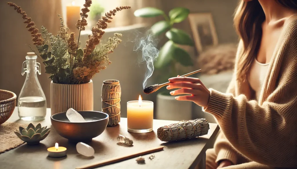 Ambiente sereno com uma mesa contendo incenso de sálvia, vela acesa e um recipiente com água e cristais, representando a purificação energética dos objetos.