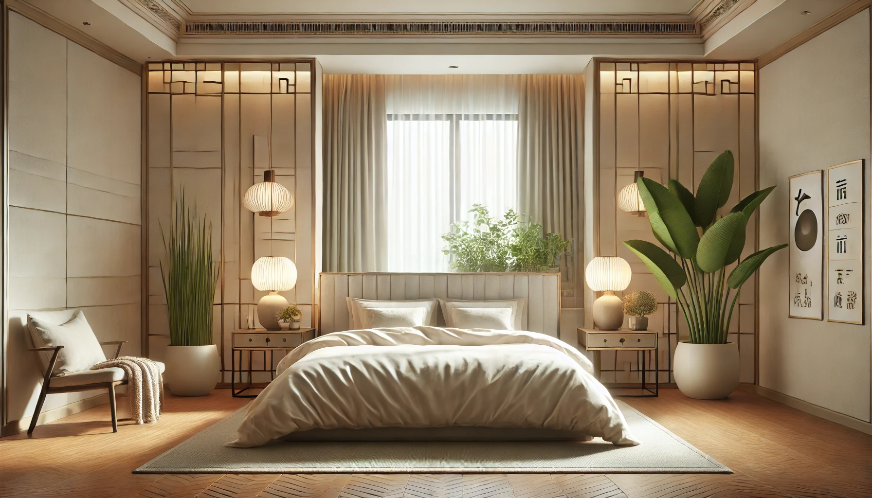 Quarto harmonizado seguindo os princípios do Feng Shui, com cama bem arrumada, mesas de cabeceira equilibradas, planta verde no canto e luz natural criando um ambiente pacífico.