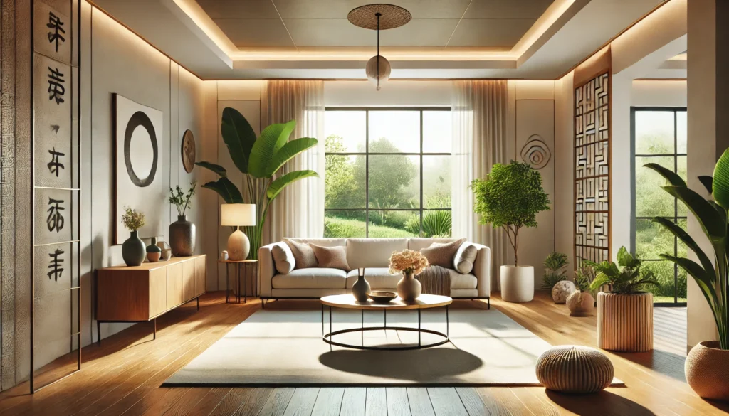 Feng Shui para sala: uma sala de estar harmonizada com os princípios do Feng Shui, apresentando móveis bem posicionados, iluminação equilibrada e elementos naturais para atrair boas energias.