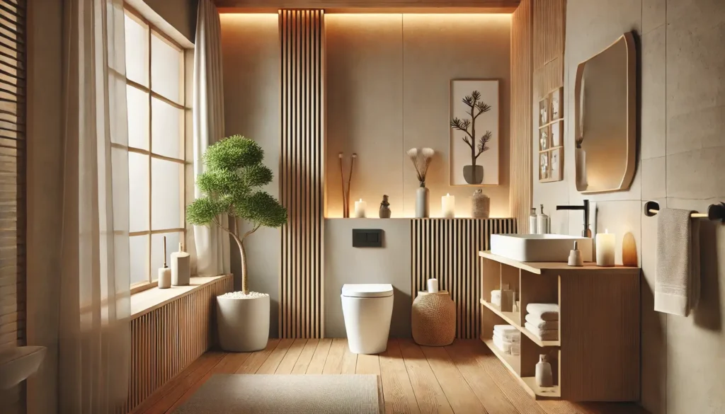 Banheiro Feng Shui moderno com iluminação suave e elementos naturais para harmonia energética.