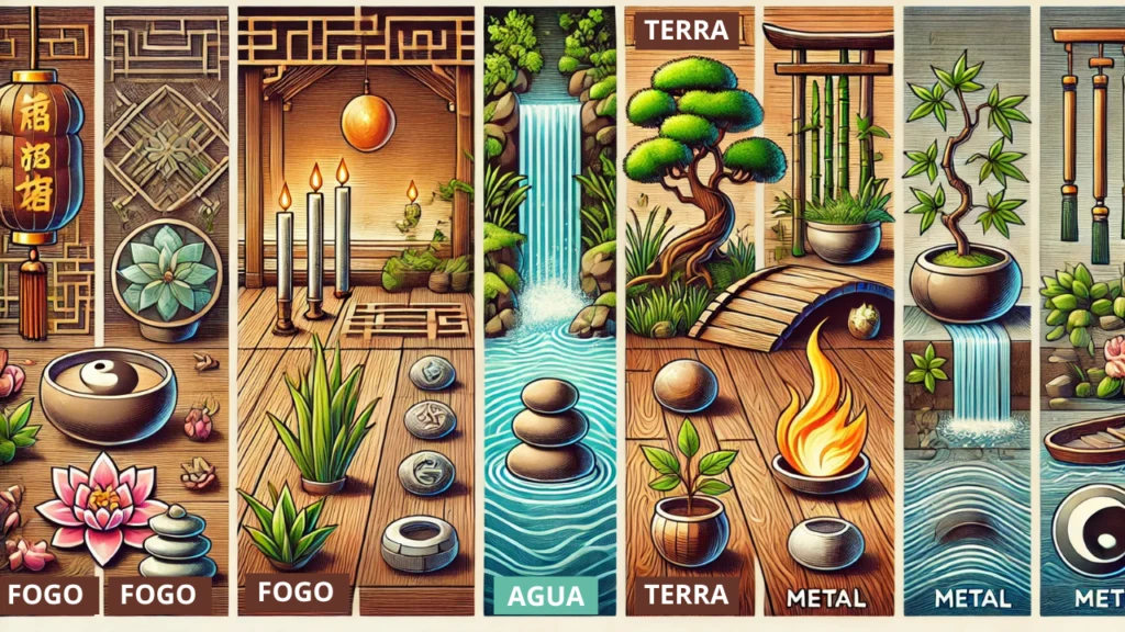 Representação visual dos Cinco Elementos do Feng Shui para aplicação prática: Fogo com velas e luzes quentes, Água com fontes e riachos, Madeira com plantas e texturas de madeira, Terra com pedras e cerâmica, e Metal com objetos metálicos e superfícies reflexivas. Saiba o que é Feng Shui e como aplicar em casa para equilibrar as energias e criar um ambiente harmonioso.