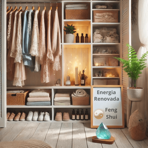 Closet harmonizado no Feng Shui com circulação de ar, óleos essenciais e cristal para renovação energética.