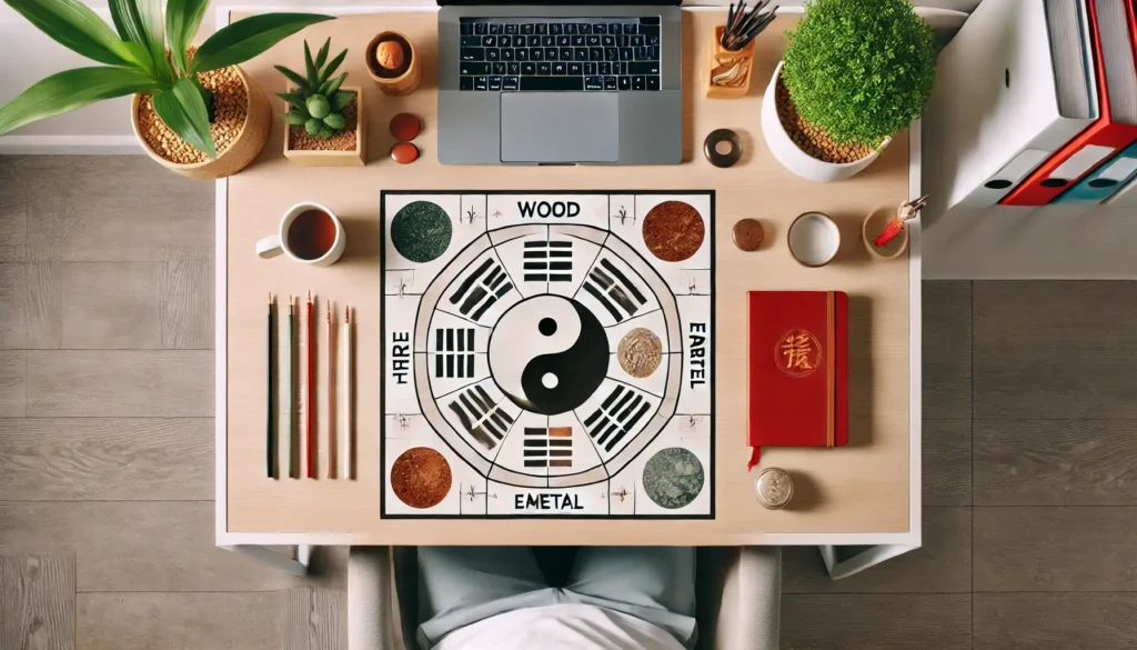 Feng Shui na mesa de trabalho organizada, apresentando o mapa Baguá e elementos equilibrados para produtividade.