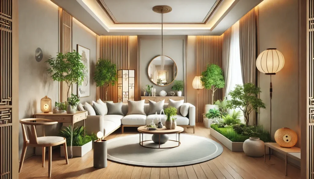 Ambiente harmonizado com Feng Shui, exibindo uma sala com plantas, iluminação aconchegante e decoração equilibrada. Saiba o que é Feng Shui e como aplicar em casa para atrair boas energias e prosperidade.