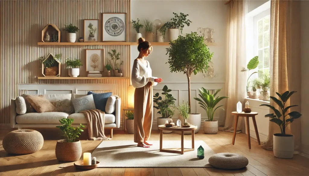 Mulher em um ambiente harmonioso decorado com Feng Shui, ajustando a disposição dos objetos para melhorar a energia do espaço. Uma representação visual de como identificar e corrigir bloqueios energéticos na casa para criar um ambiente equilibrado e positivo.