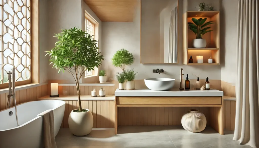 Feng Shui no banheiro: ambiente moderno e equilibrado com luz natural, plantas e decoração harmoniosa.