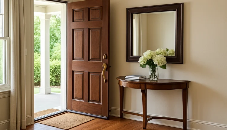 Espelho decorativo na entrada da casa refletindo luz natural, seguindo os princípios de como usar espelhos no feng shui