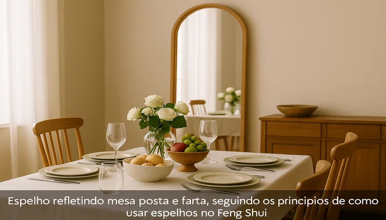Espelho refletindo mesa de jantar posta com harmonia, representando como usar espelhos no feng shui