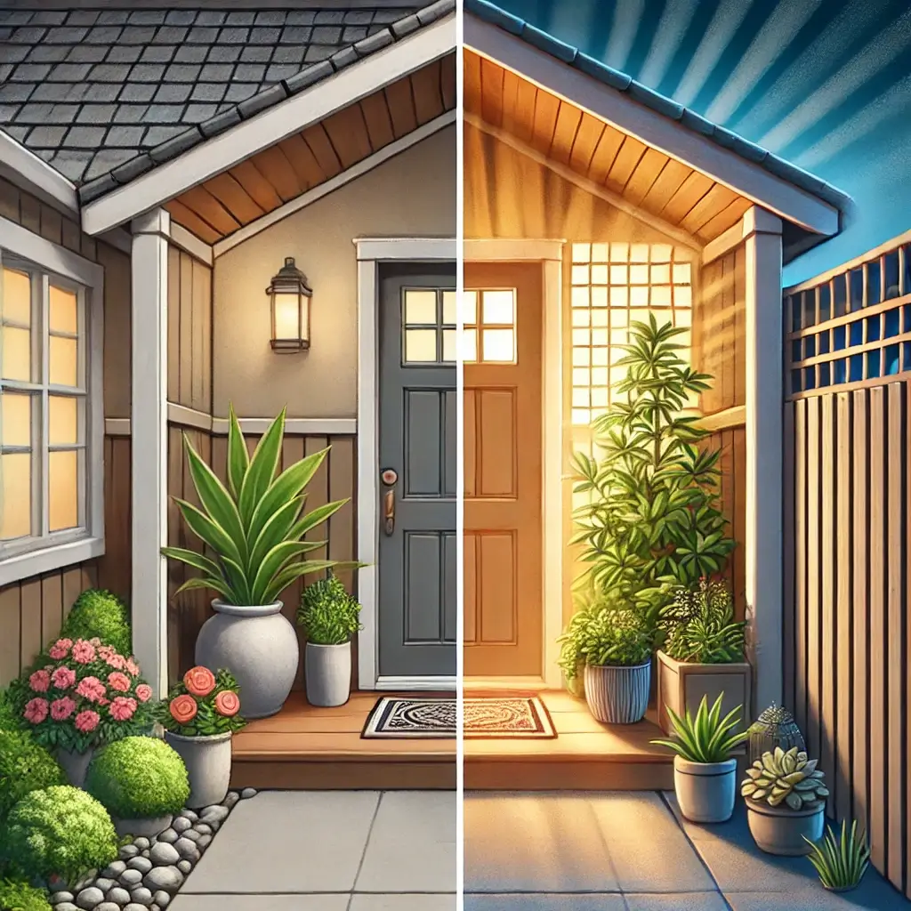 Entrada de casa harmonizada com Feng Shui, com um caminho limpo e iluminado contrastando com uma entrada bloqueada. A imagem representa a importância de identificar e corrigir bloqueios energéticos na porta principal para permitir a livre circulação de energia positiva.
