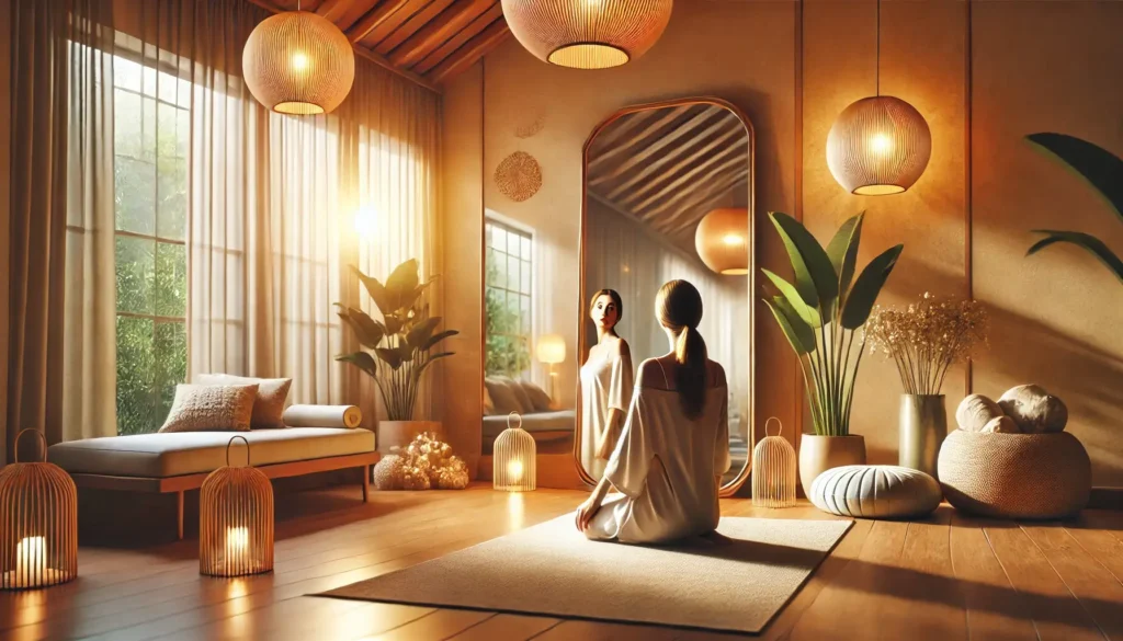 Entender como usar espelhos no Feng Shui pode fortalecer o bem-estar pessoal, como no caso de uma mulher se olhando no espelho e absorvendo energia positiva.