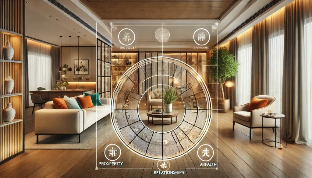 O como usar espelhos no Feng Shui é essencial para potencializar a energia dos ambientes, como mostra o diagrama do Baguá, ativando setores energéticos estrategicamente.