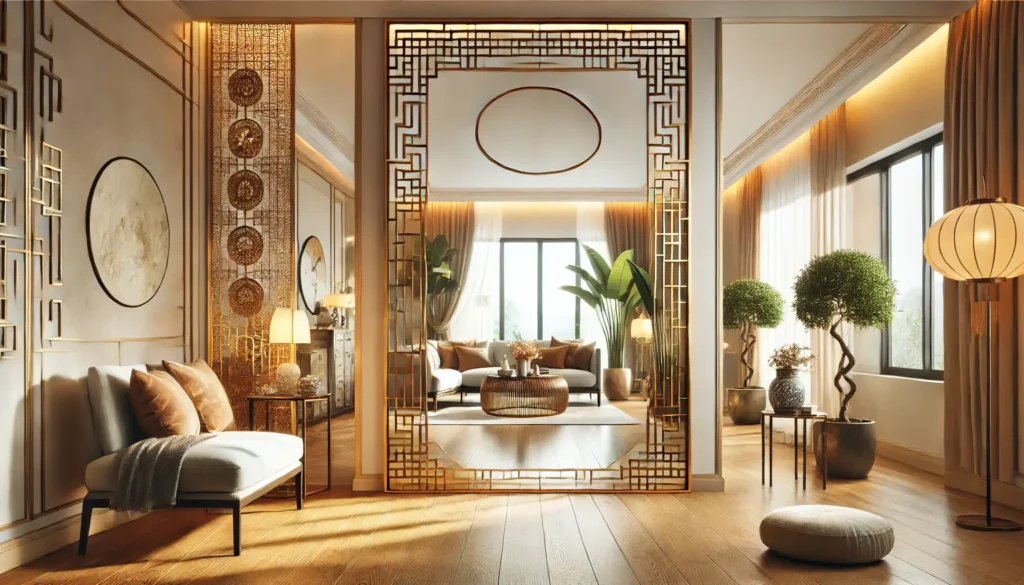 Sala decorada seguindo os princípios do Feng Shui, com um espelho estrategicamente posicionado para ampliar o espaço e refletir luz natural. Saiba como usar espelhos no Feng Shui para equilibrar a energia do ambiente e atrair boas vibrações.