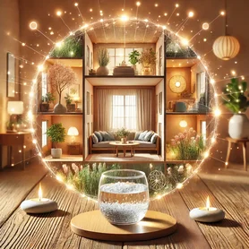 Ambiente harmonioso seguindo os princípios do Feng Shui, com copos de água salgada estrategicamente posicionados para purificação energética, proteção e prosperidade.