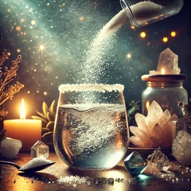 Copo de água com sal grosso sendo dissolvido, simbolizando purificação energética no Feng Shui.
