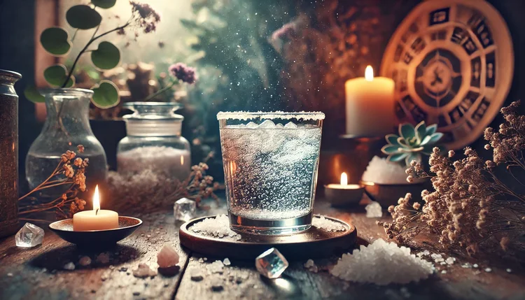 Copo de água com sal mostrando sinais de mudança, como bolhas e cristalizações, indicando a purificação energética no Feng Shui.